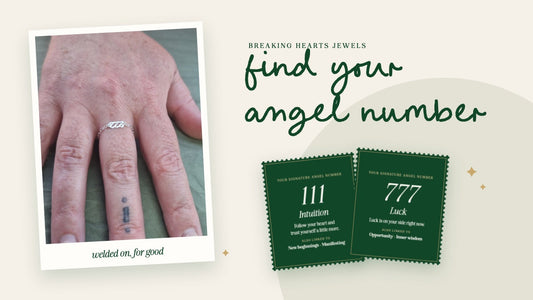 A silver angel number ring welded onto a finger, next to angel number cards for 111 and 777 and the words find your angel number