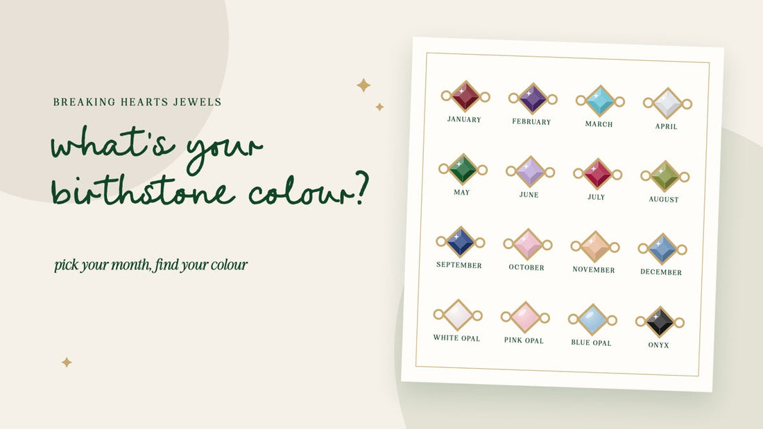 What's your birthstone colour? All sixteen birthstone colour connectors on a card, January to December plus white opal, pink opal, blue opal and onyx.