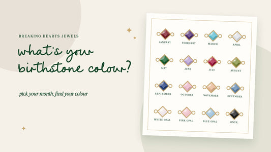 What's your birthstone colour? All sixteen birthstone colour connectors on a card, January to December plus white opal, pink opal, blue opal and onyx.
