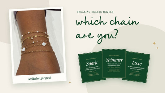 Five different permanent jewellery chains stacked on one wrist, next to chain family cards for Spark, Shimmer and Luxe and the words which chain are you?