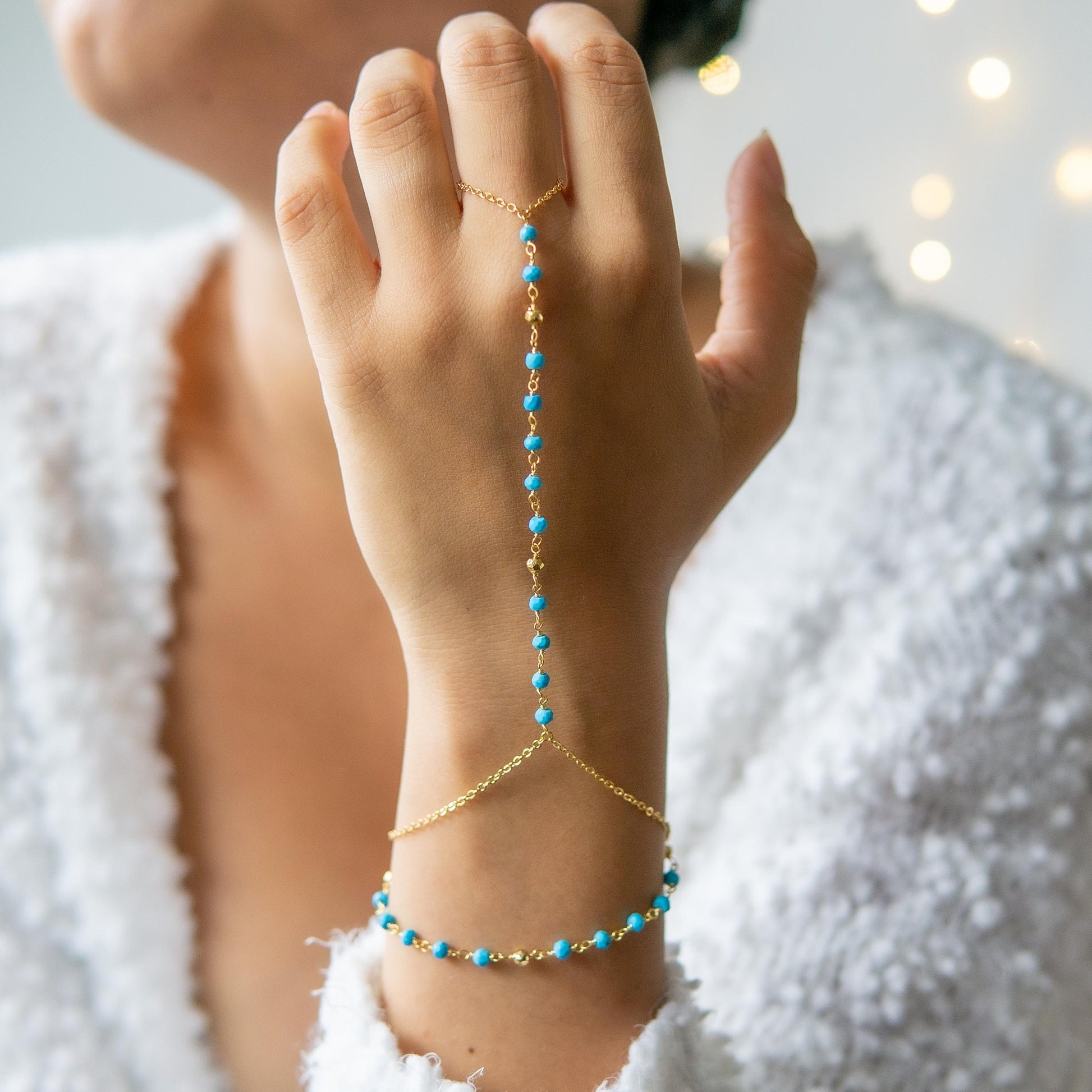 Turquoise and pyrite rosary bracelet as a unique birthday gift for sister