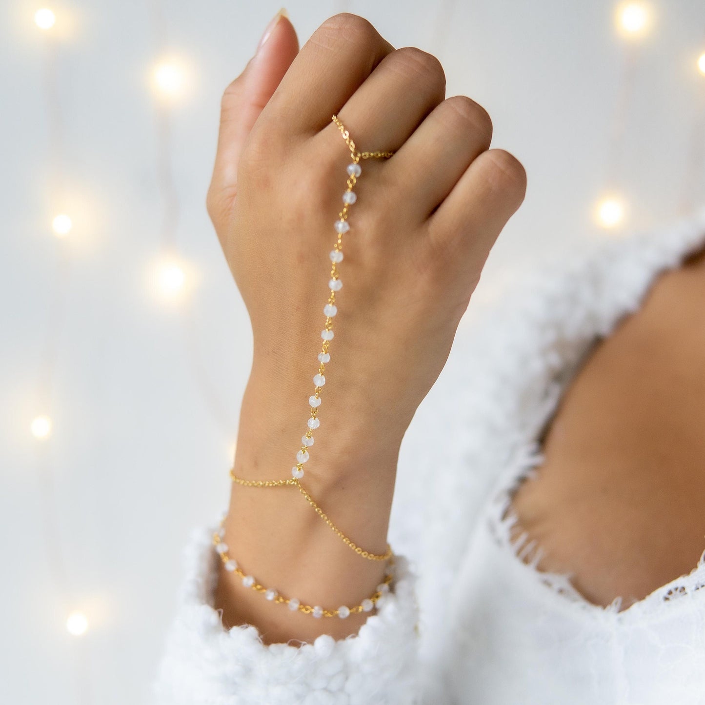 Vera Rainbow Moonstone Rosary Double Wrist Finger Bracelet