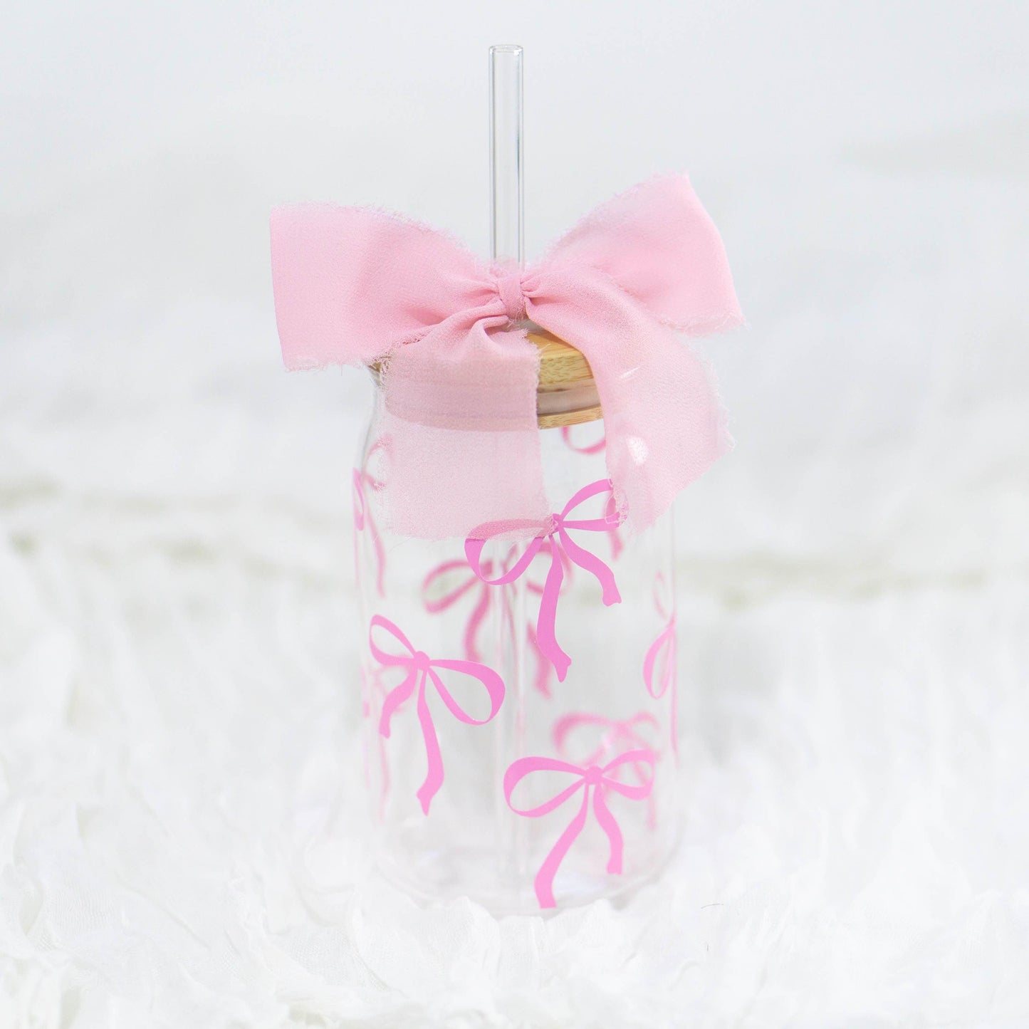 Pink bow Libbey glass can with bamboo lid for teenage girls