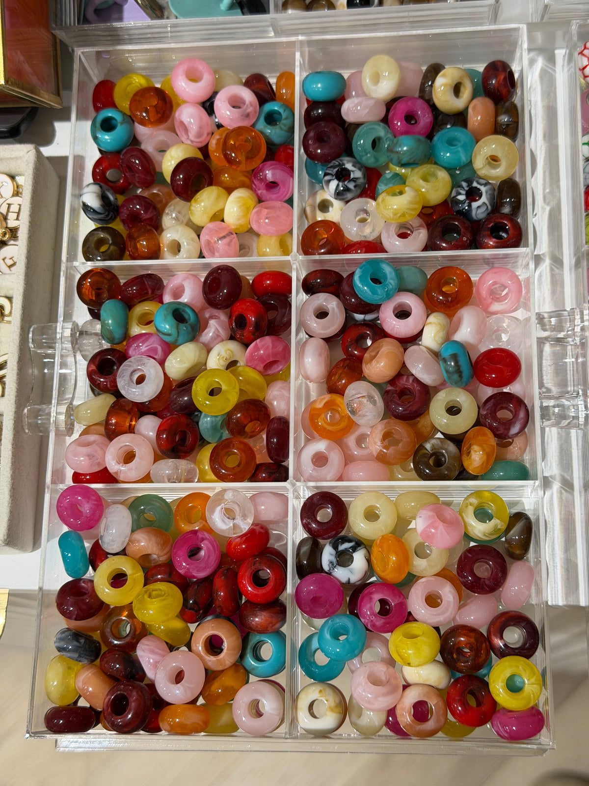 Close up of the bead tray showing the full colour range available at the Charm Bar