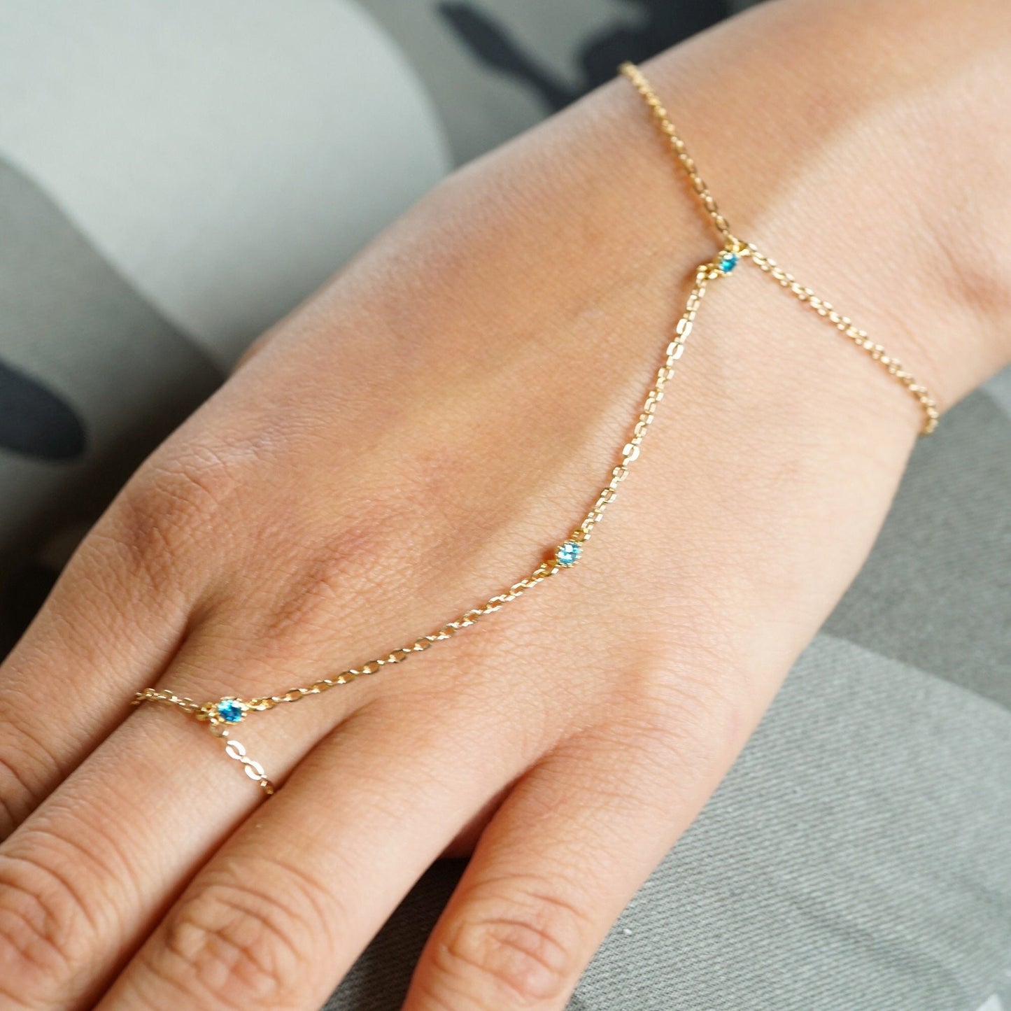 Fiona 3 CZ Blue Hand Chain in Gold
