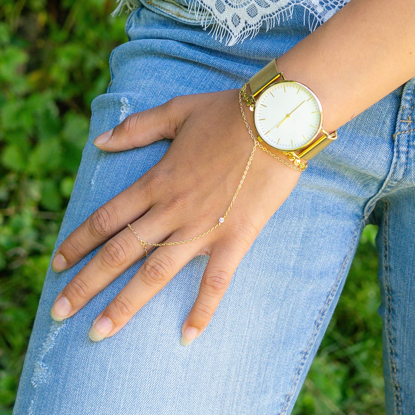 Gold Slave Bracelet for Women with clear rhinestones