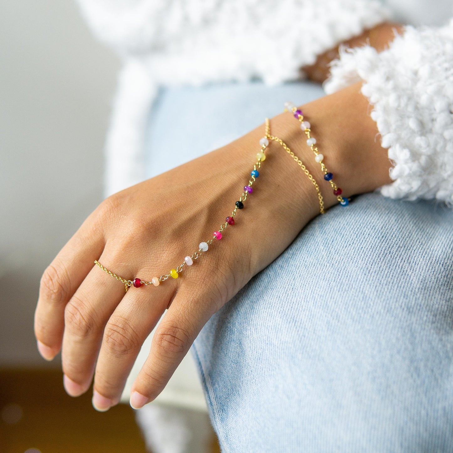 Zoie Rainbow Jade Rosary Double Wrist Finger Bracelet Jade