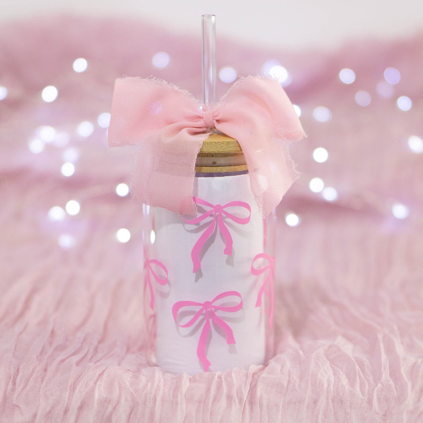 Libbey glass can with bamboo lid and pink bow for girly drinks