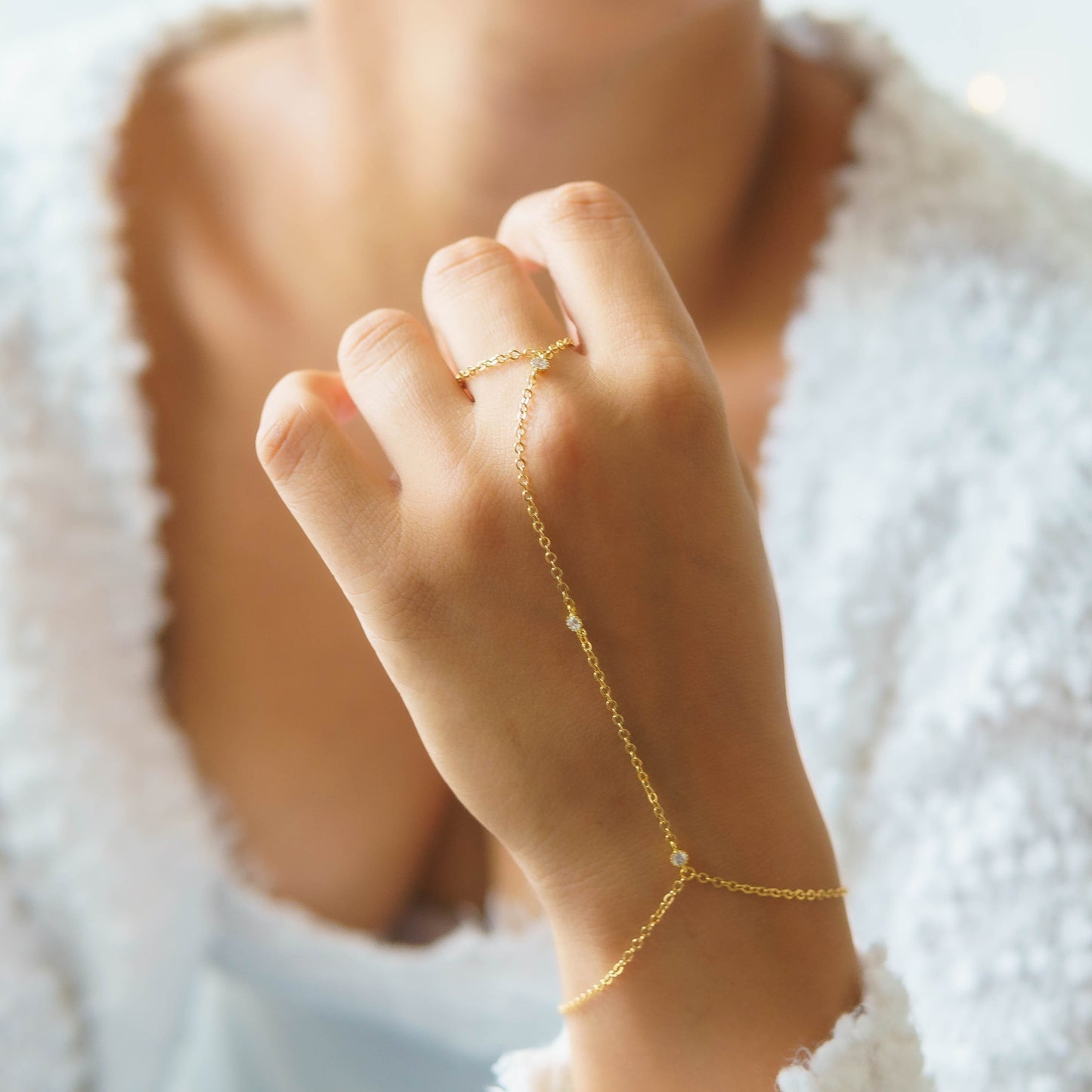 Gold Stainless Steel Ring Attached Bracelet with Rhinestones