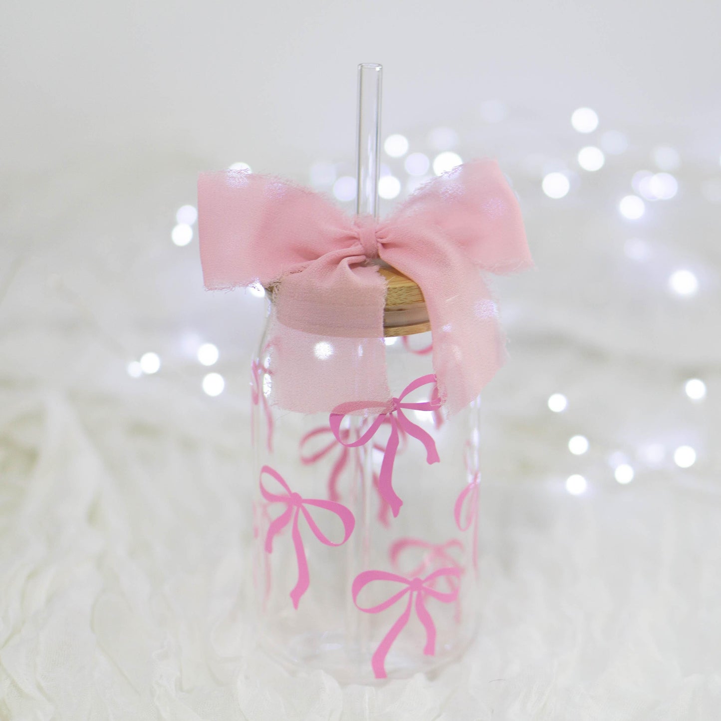 Trendy soft girl era glass can with pink bow for gifting