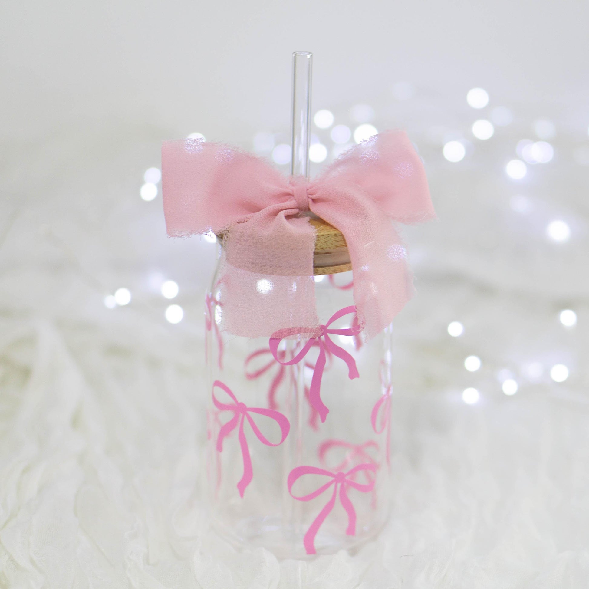 Trendy soft girl era glass can with pink bow for gifting