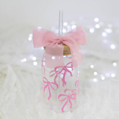 Trendy soft girl era glass can with pink bow for gifting