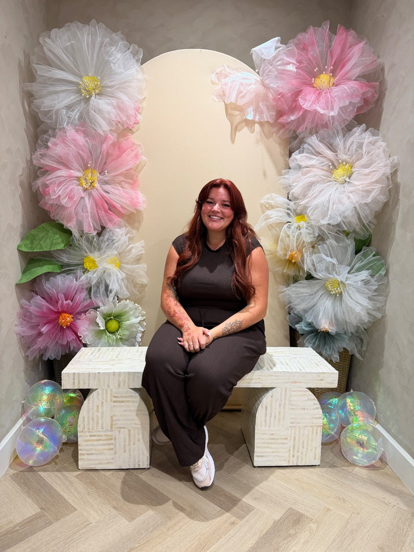 Customer on the Bloom Bench at the Breaking Hearts Jewels studio in Bolton