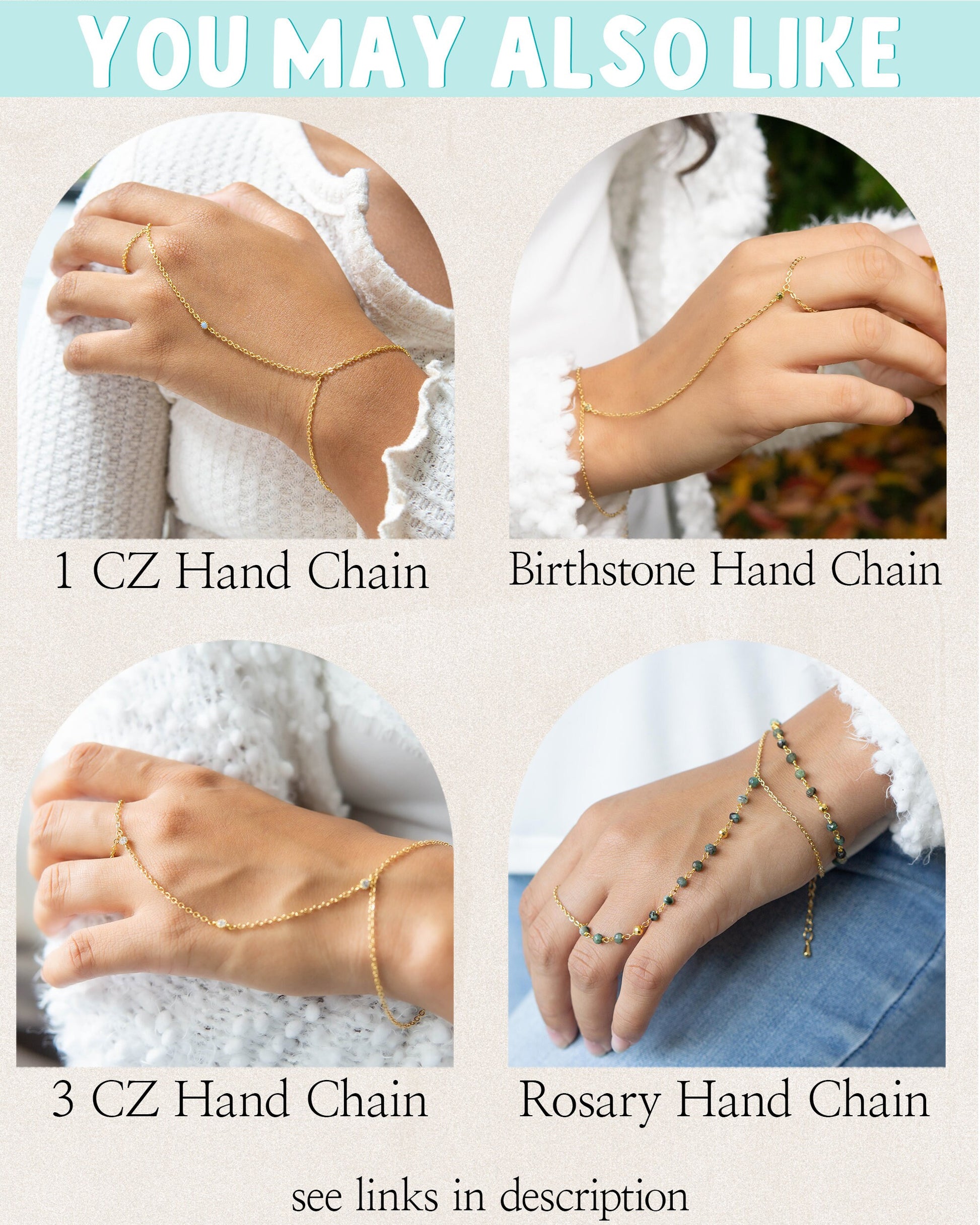 a woman's hand with four different types of bracelets
