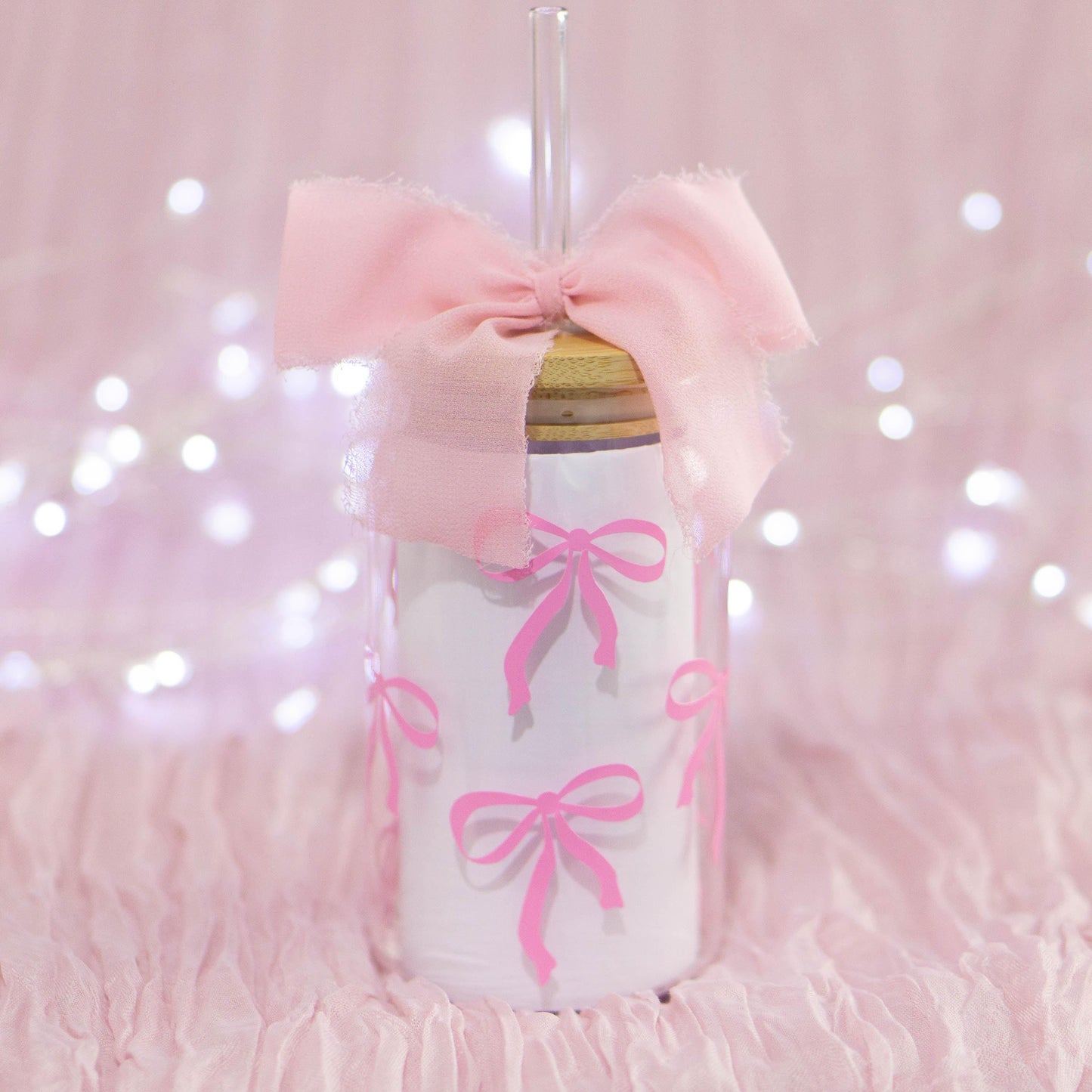 Cute pink bow iced coffee glass for coquette style lovers