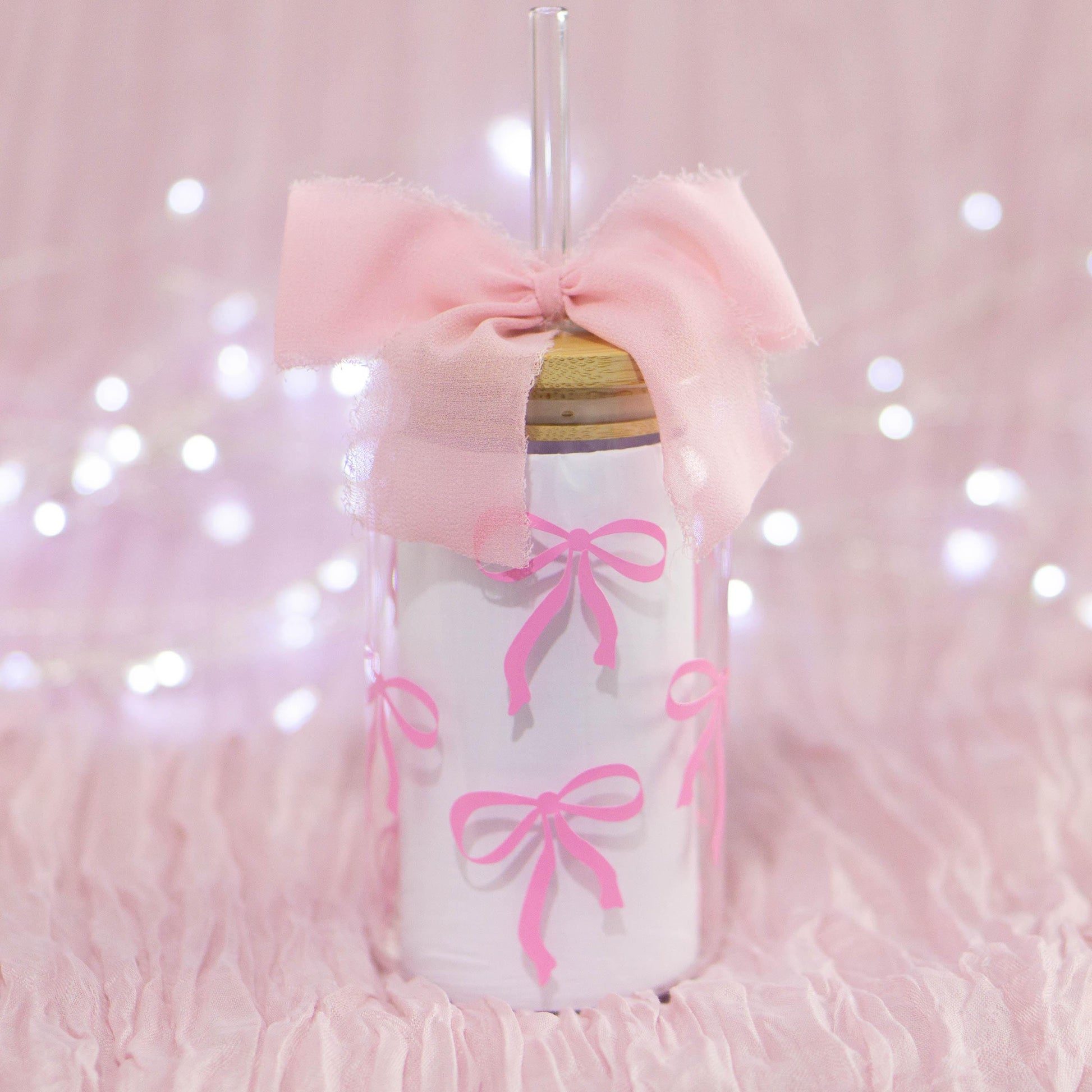 Cute pink bow iced coffee glass for coquette style lovers