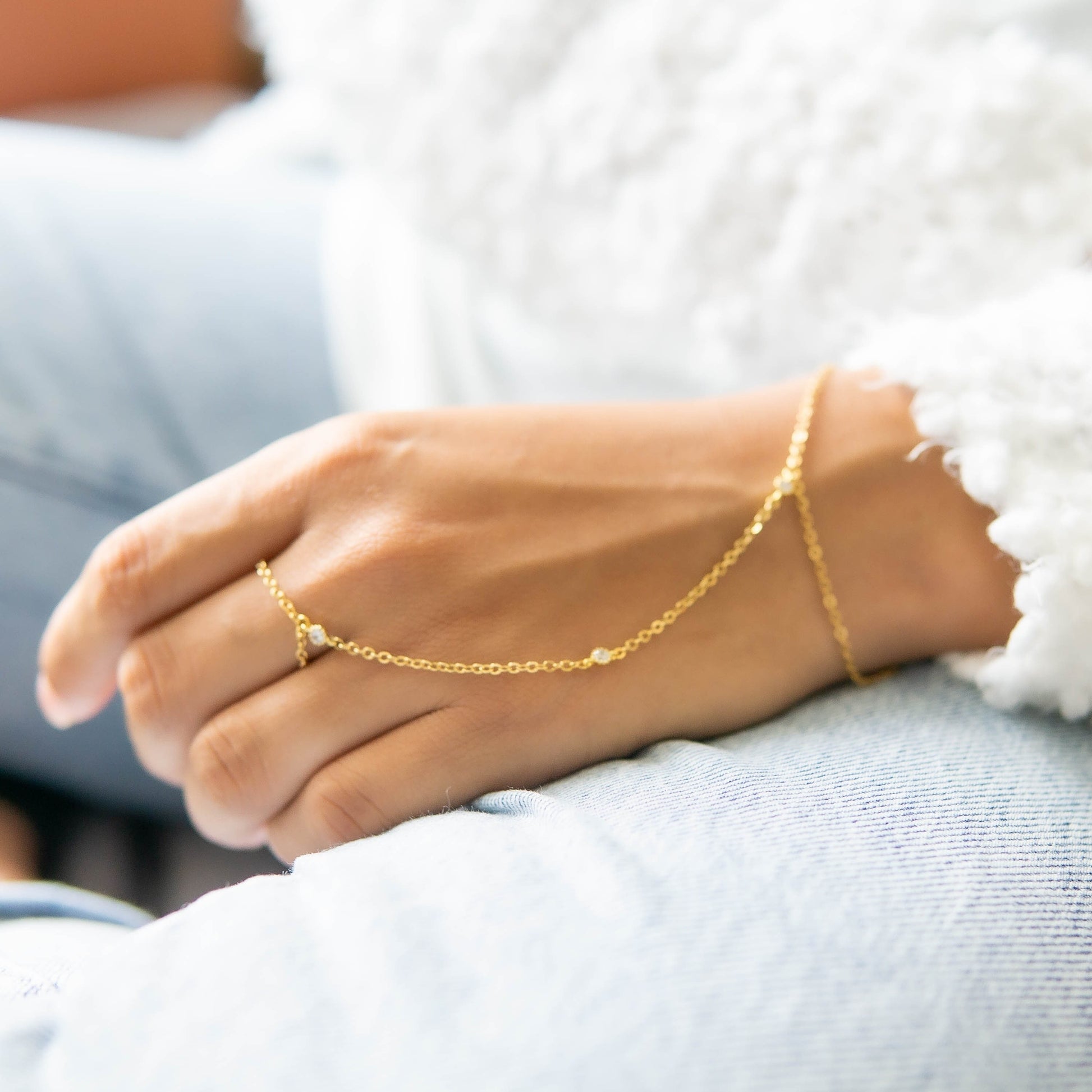 Gold Slave Bracelet with 3 Tiny Cubic Zirconia Rhinestones