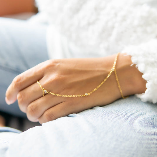 Gold Slave Bracelet with 3 Tiny Cubic Zirconia Rhinestones