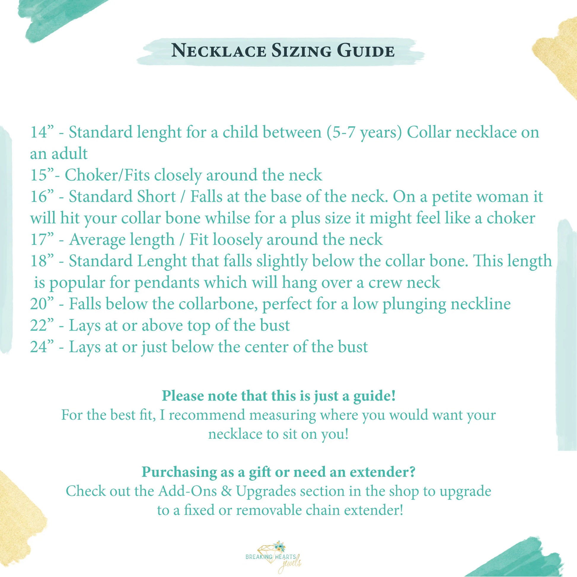 a page of a text description for a necklace size guide