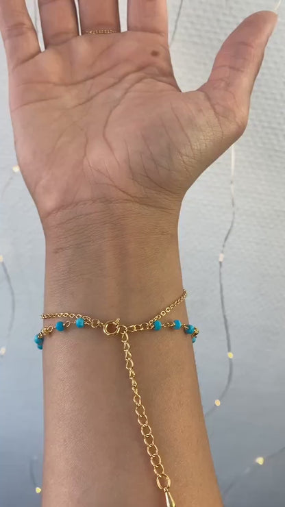 Yasmin Turquoise & Gold Pyrite Rosary Double Wrist Finger Bracelet Gold